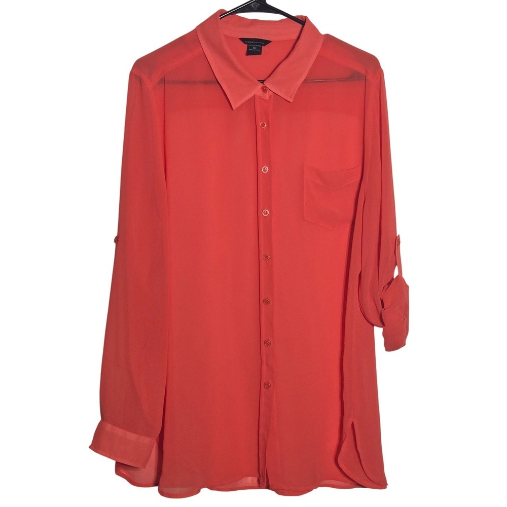 Moda International Chiffon Roll Tab Sleeve Button Long Sleeve Top XL Sheer Light
